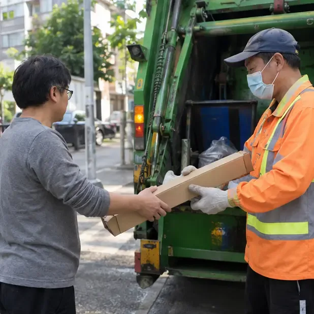 民眾把裝在長形紙盒內的日光燈管直接交給穿反光背心的資源回收車工作人員