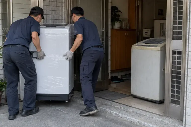 兩名穿著工作服的人員將包裝完整的新洗衣機搬入住家，屋內可見待回收的舊機
