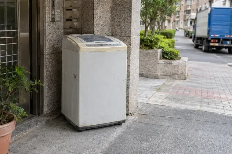 一台完整的舊洗衣機放在住宅一樓入口旁，旁邊留有清楚通道，遠處可見道路上的清運車