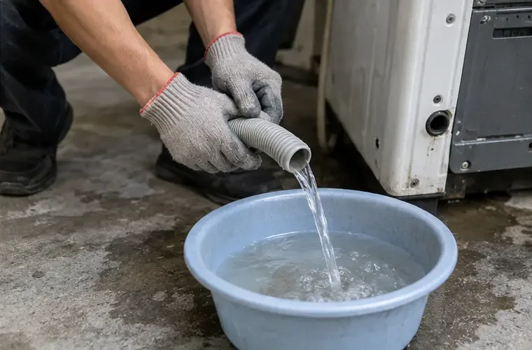 戴手套的人員將洗衣機排水管中的剩餘水排入臉盆