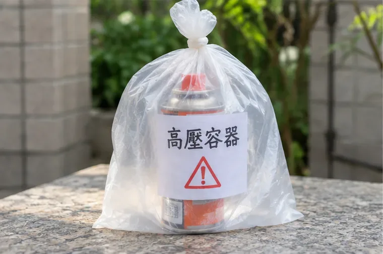 透明袋內裝著卡式瓦斯罐，袋外貼有高壓容器警示文字