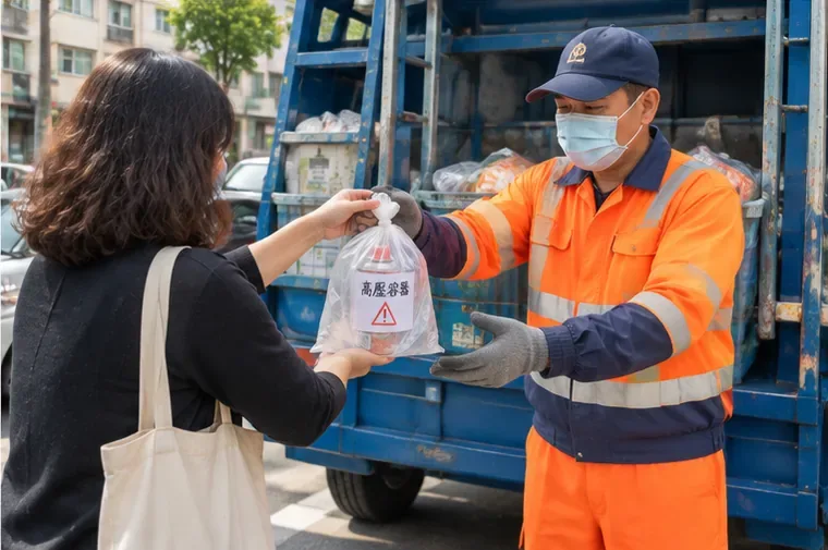 民眾把已單獨打包並標示的高壓瓦斯罐交給資源回收車工作人員