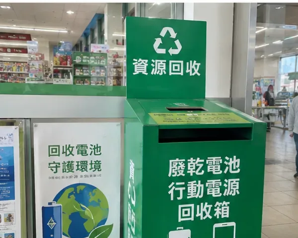 室內商店設置綠色資源回收箱，箱體標示廢乾電池與行動電源回收