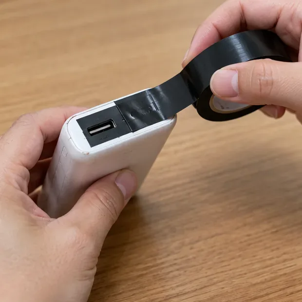 雙手用黑色絕緣膠帶覆蓋白色行動電源一端的金屬連接區域，示意降低接點短路風險