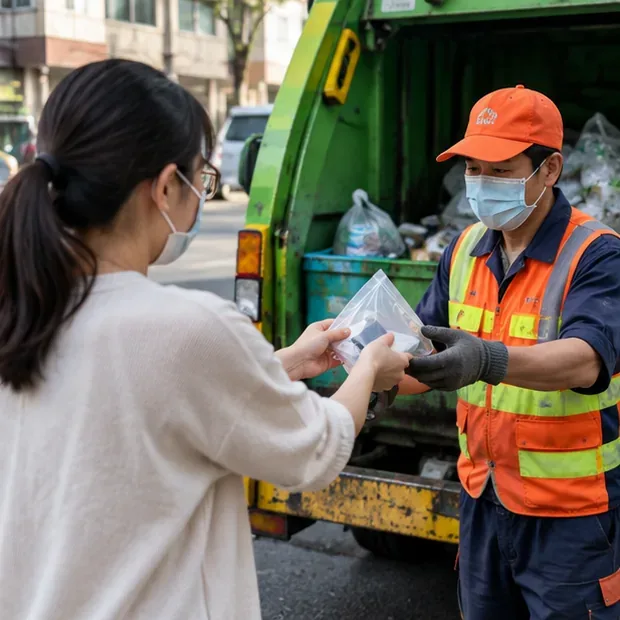 民眾在路邊將單獨袋裝的行動電源交給穿反光背心與手套的資源回收工作人員