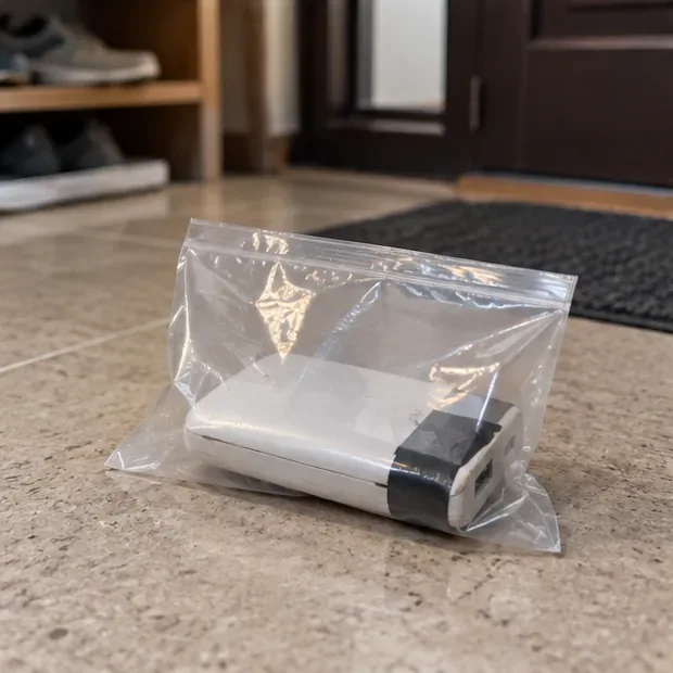 已用膠帶隔離接點的白色行動電源單獨放在透明夾鏈袋中，置於住宅玄關地面等待回收