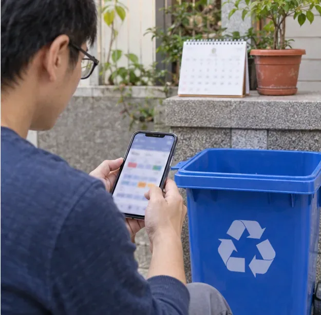 居民在回收桶旁用手機確認更新資訊，背景有一本文字不可辨識的桌曆。