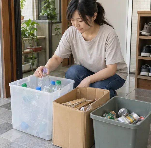 居民在住家入口將寶特瓶、紙箱與鐵鋁罐分別放入透明箱子與紙箱。