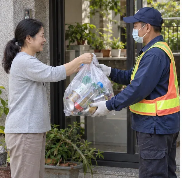 居民在家門口把裝有乾淨容器的透明袋交給穿反光背心的清潔人員。