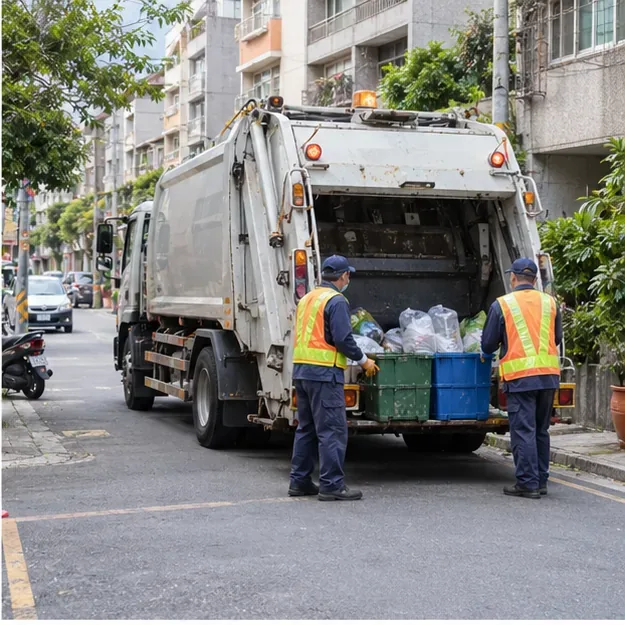 清潔車停在台灣住宅街道，兩名穿反光背心的清潔人員在車尾整理回收物。