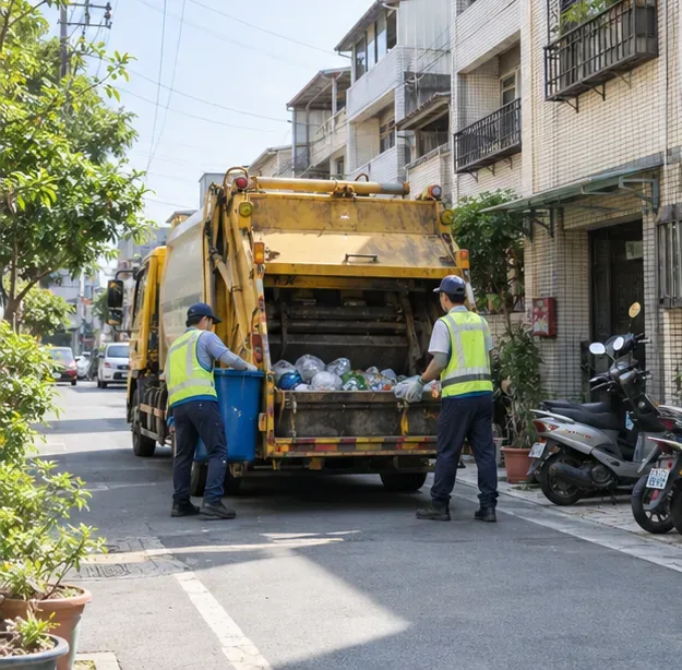 台灣住宅街道上，一輛無明顯文字標誌的清潔車停靠路旁，清潔人員正在作業。