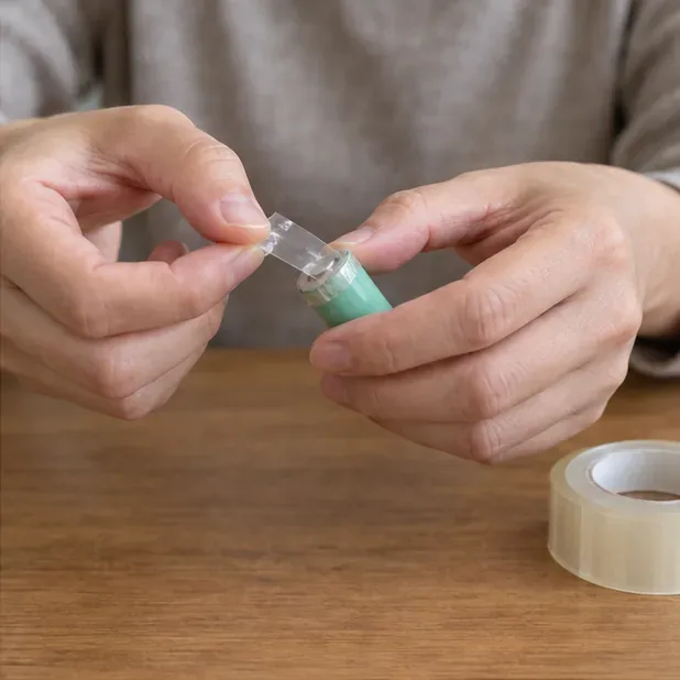 雙手以透明膠帶覆蓋一顆鋰電池的外露接點，旁邊可見膠帶台