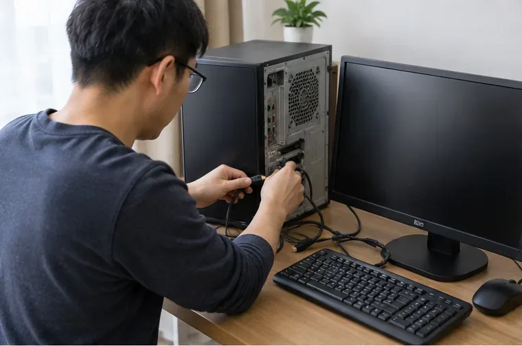 家中書桌前的人正在替桌上型電腦拔除電源線與周邊連接線