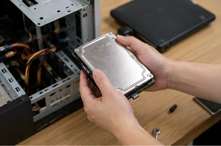 雙手拿著從桌上型電腦中取出的硬碟，旁邊可見已打開的主機機殼