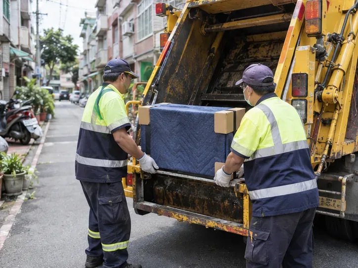 兩名穿反光工作服的清運人員將包覆好的電視搬上住宅街道旁的收運車