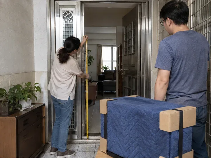 兩名成年人以搬運毯和紙板護角包覆電視，並在住宅入口測量搬運通道