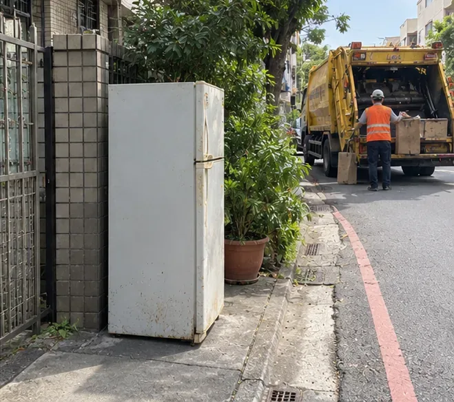舊冰箱放在住宅外牆旁等待清運，前方道路有清運車與工作人員