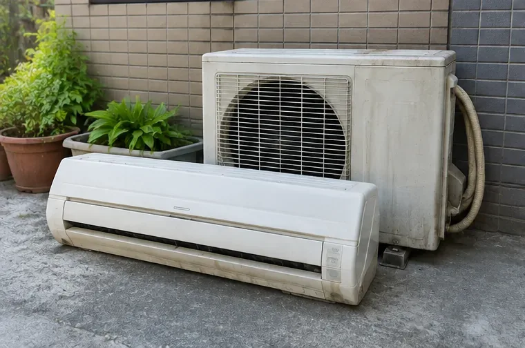 一台拆下來的舊冷氣室內機與室外機完整放在建物外側地面等待搬運