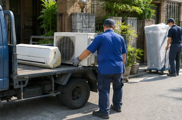 工作人員將完整的舊冷氣室內機與室外機裝上貨車準備載運