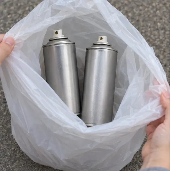 兩個未刺破的金屬噴霧罐與其他回收物分開放進袋中