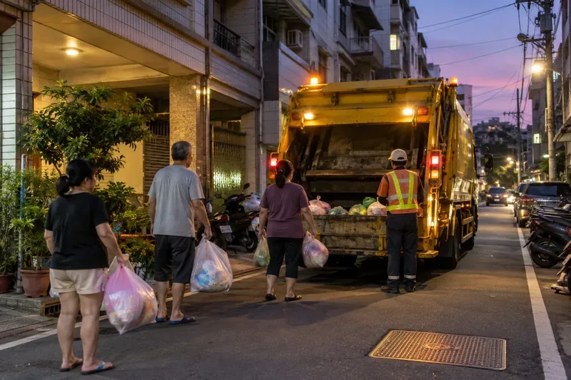 傍晚住宅街道上，居民提著垃圾袋走向正在作業的黃色垃圾車，清潔人員穿著反光背心站在車尾。