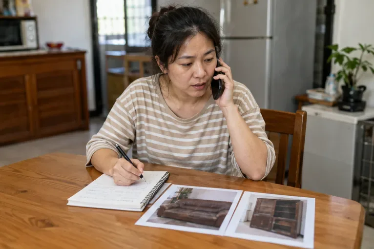 住戶在桌旁打電話詢問大型廢棄物清運，桌上放著物品照片與筆記本