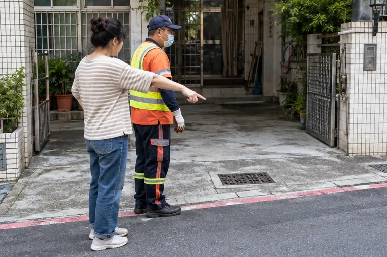 住戶與清潔人員在住宅出入口旁指認方便車輛到達的收運位置