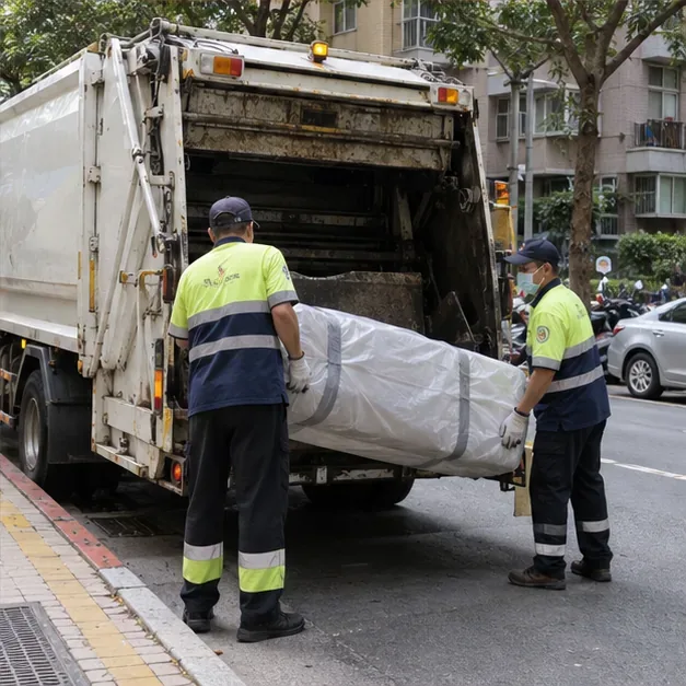 清潔人員在住宅街道將包好的大型床墊搬上清運車，旁邊保留通行空間