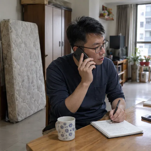 住戶在家中拿著電話詢問大型床墊清運，桌上放著記事本與筆