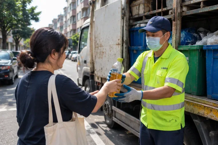 居民在路邊將密封的廢食用油瓶交給清運車旁的清潔人員