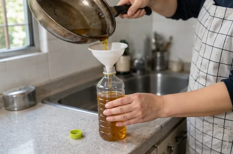 有人使用漏斗把冷卻後的廢食用油倒入透明塑膠瓶