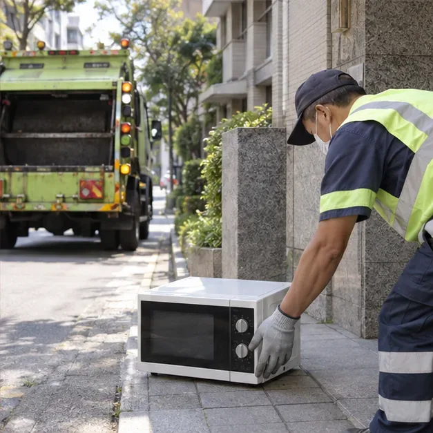 住宅外指定位置的微波爐與清潔車，清潔隊員準備搬運