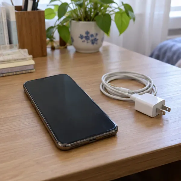 一支舊手機與充電線放在桌面上，準備進行回收前檢查