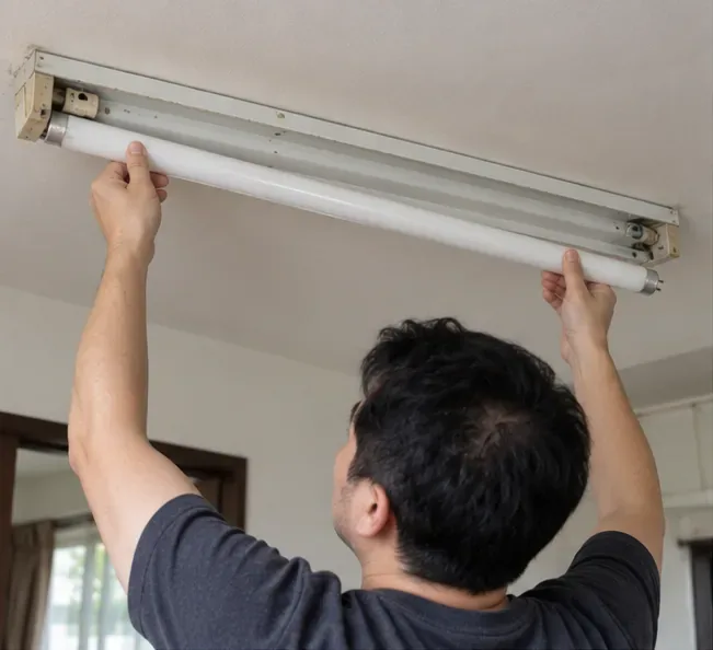 住戶雙手穩定取下完整直管日光燈，避免玻璃燈管碰撞燈具