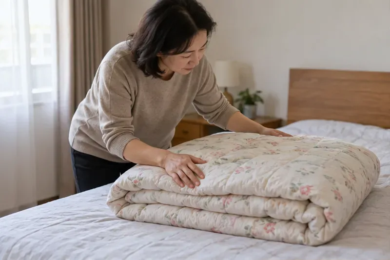 住戶在室內攤開並檢查一床折疊棉被的乾燥與污損情形