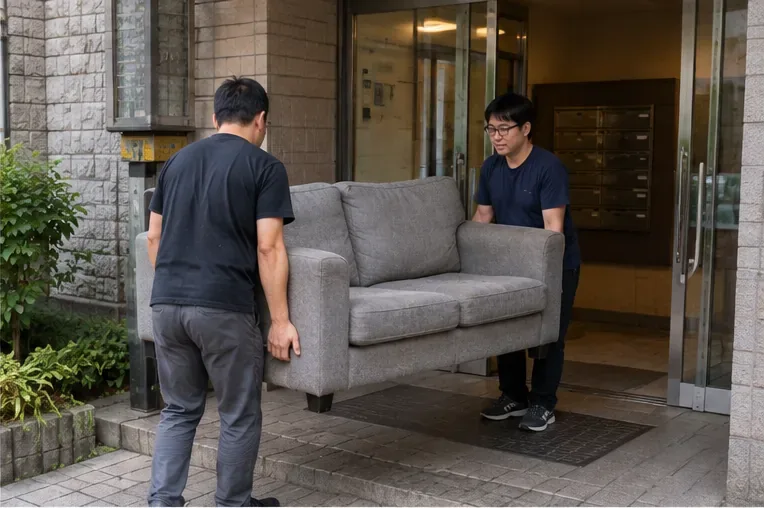 兩名男子合力將灰色沙發從住宅大樓入口搬到地面戶外