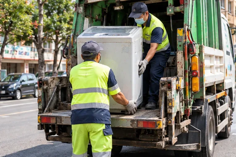 清運人員將完整的直立式洗衣機搬上資源回收清運車
