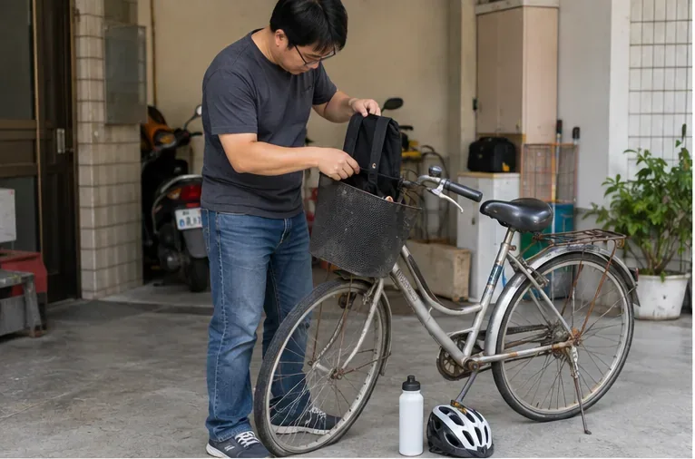 一名民眾在住宅騎樓旁整理老舊腳踏車，取下車籃中的個人物品，地面放著安全帽與水壺