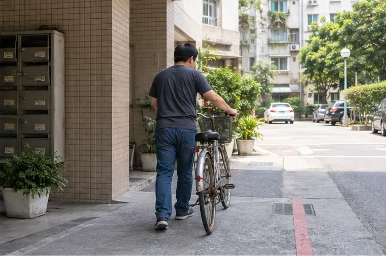 一名民眾推著老舊腳踏車從住宅大樓入口走向戶外，車體保持完整