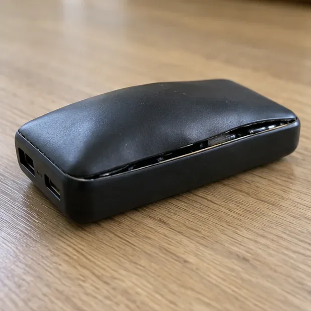 一顆黑色行動電源放在桌面上，外殼拱起且側邊接縫被撐開。