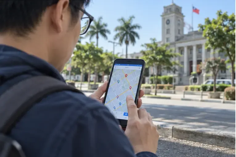 使用者在嘉義市街道旁用手機查看地圖上的回收位置標記