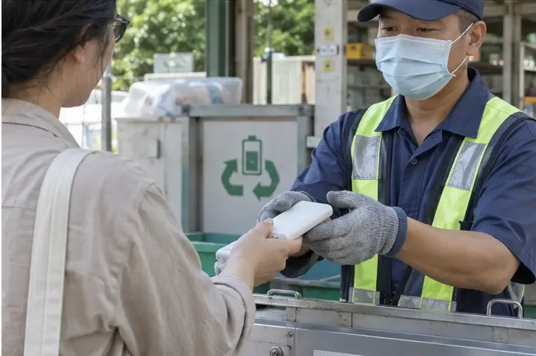 民眾將完整白色行動電源交給穿著反光背心與手套的資源回收工作人員