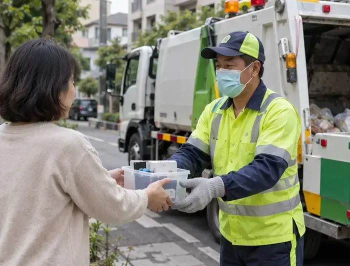 居民在住宅街道旁把裝有分類電池的透明容器交給穿螢光安全服的資源回收車工作人員