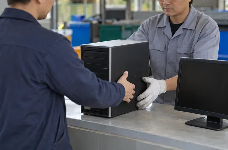 民眾在一般電子設備回收櫃台將完整的桌上型主機交給工作人員，旁邊放著螢幕