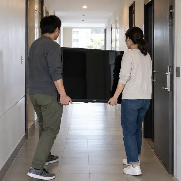兩名住戶在公寓走道中扶穩一台大型平面電視共同搬運