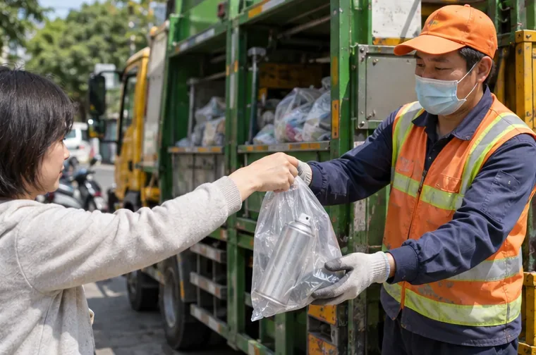 民眾把單獨裝袋的噴霧罐交給站在資源回收車旁的回收人員