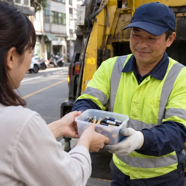 住戶將分類好的廢電池交給穿著反光背心的清潔隊回收人員