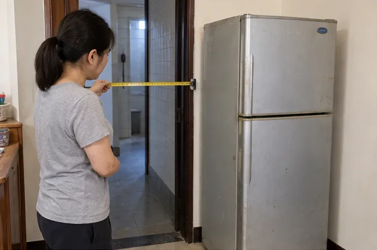 住戶在舊冰箱旁量測門口與通道寬度，確認冰箱是否能順利搬出