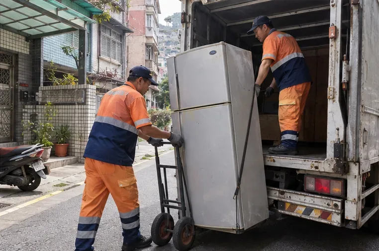 兩名回收人員以手推車將完整舊冰箱搬上回收車，冰箱未被拆解