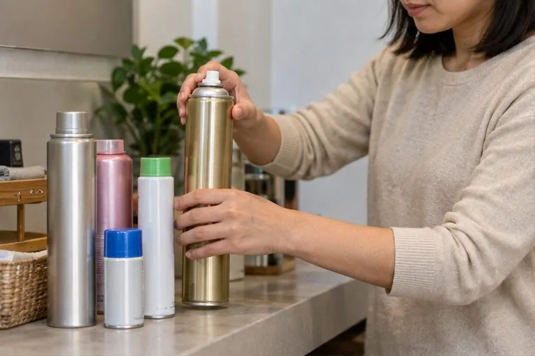 家中常見的多款噴霧罐放在檯面上，民眾逐一辨認並整理高壓容器